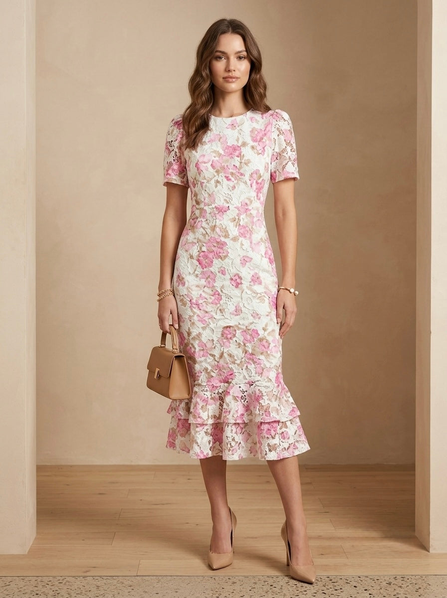 Vestido midi de encaje y flores