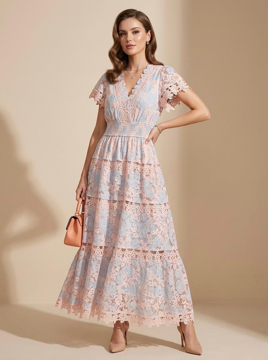 Vestido midi con encaje rosa y azul