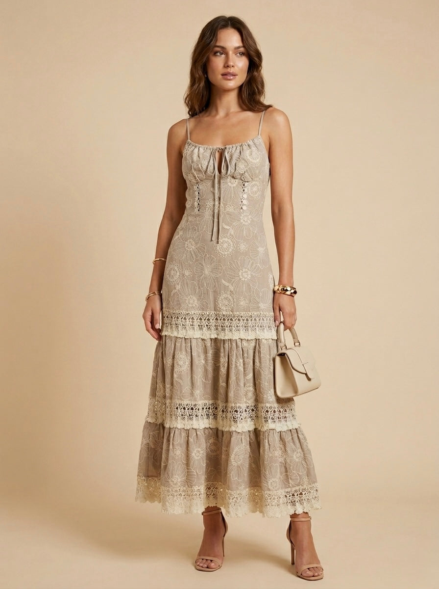 Vestido midi de encaje gris