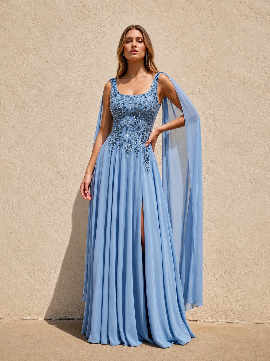Vestido azul con capa en chiffon y brillos bordados