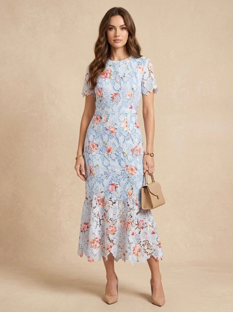 Vestido midi con encaje y flores
