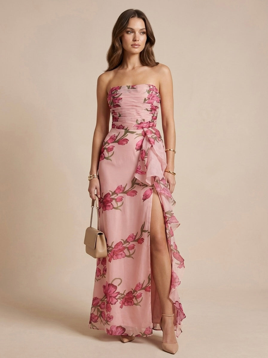 Vestido largo floral strapless