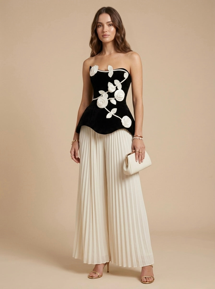 Conjunto pantalón y top con flores 3D
