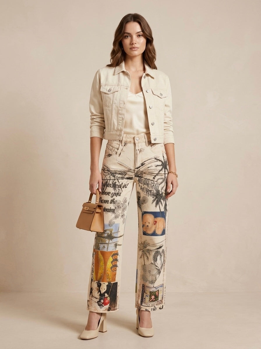 Jeans beige con estampado