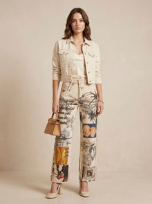 Jeans beige con estampado